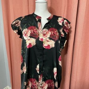 Express Black Blouse with Flutter Sleeves and Mandarin Collar